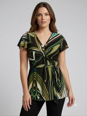 Penningtons Green Geometric Print Twist-Front Top size X